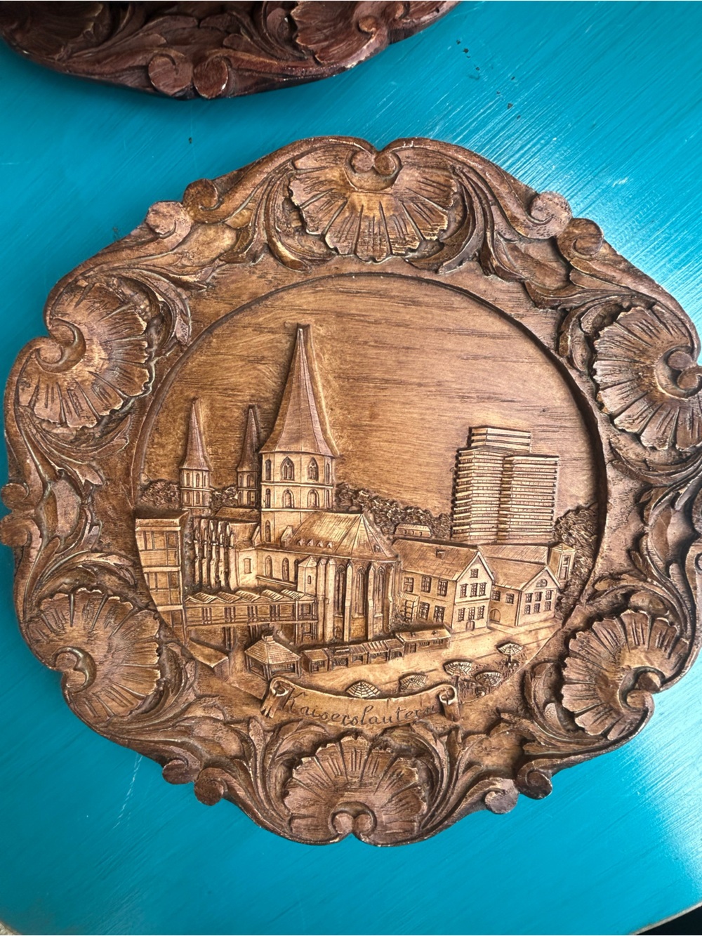 Ornate Carved Wood Wall Plaque in Warm Brown